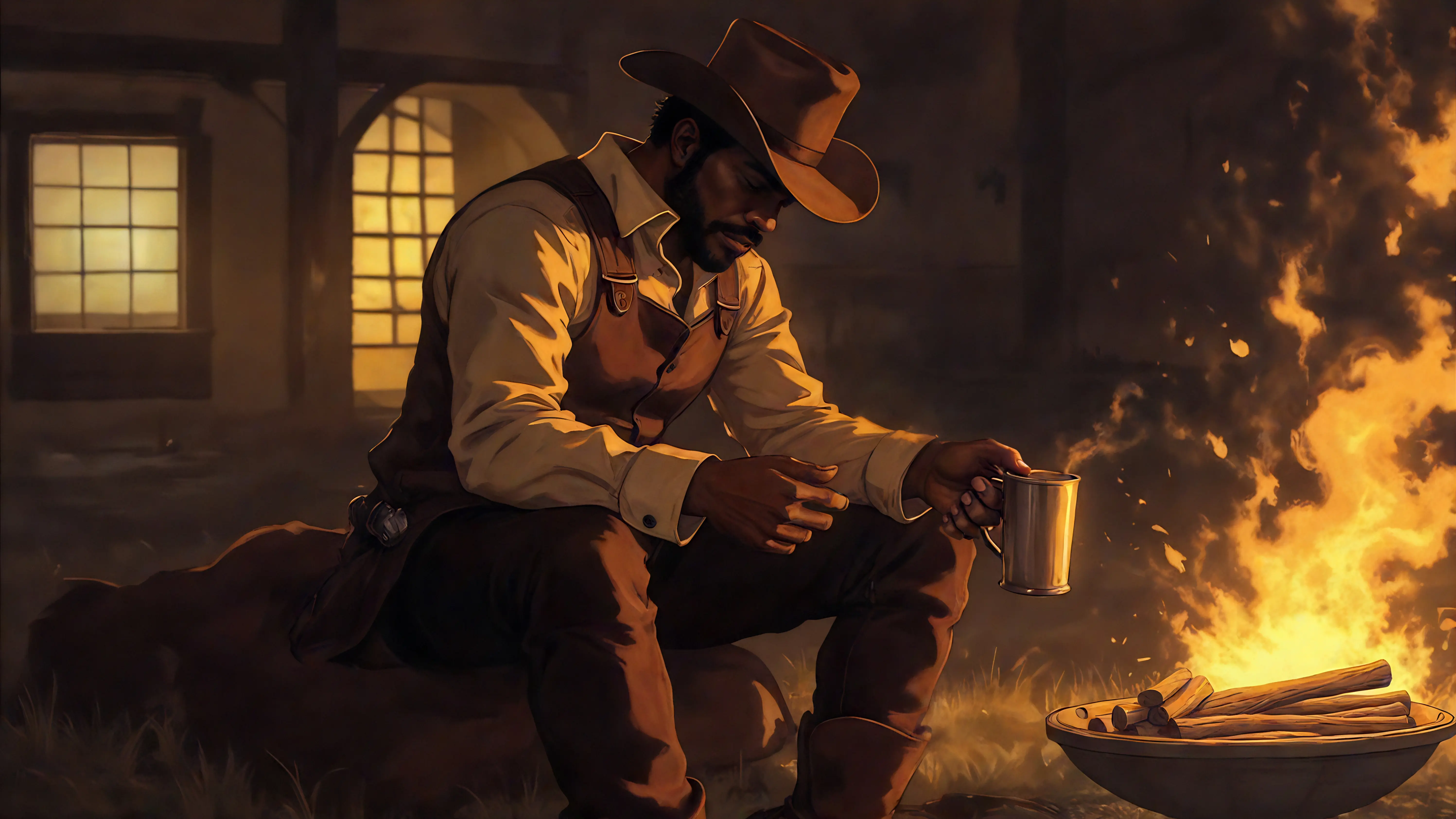 Cowboy brewing coffee over campfire